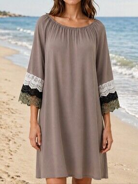 Boho Crochet Trim Bell Sleeve Brown Tunic Dress